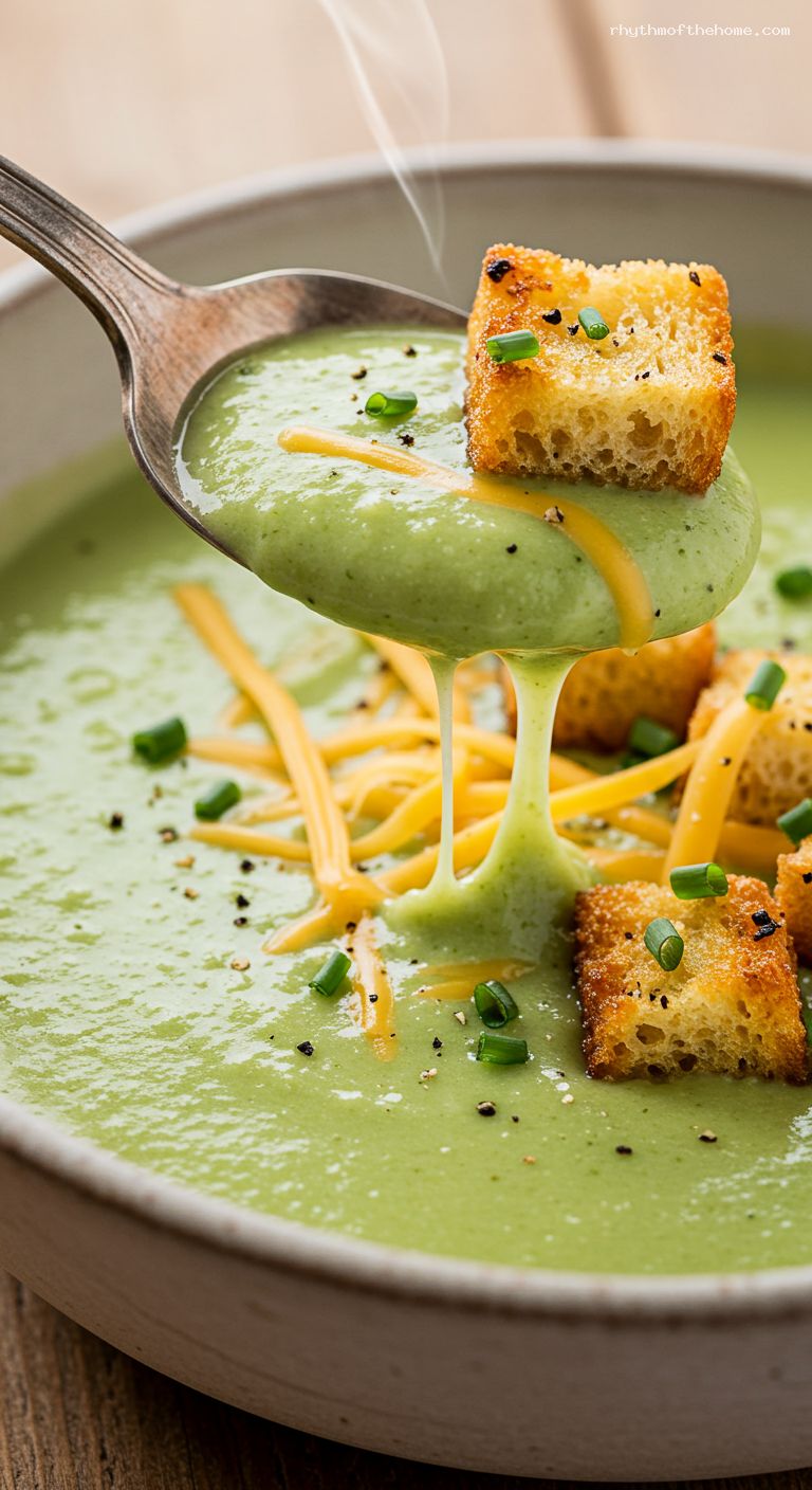 Velvety Broccoli Cheddar Soup with Garlic Croutons – Closeup