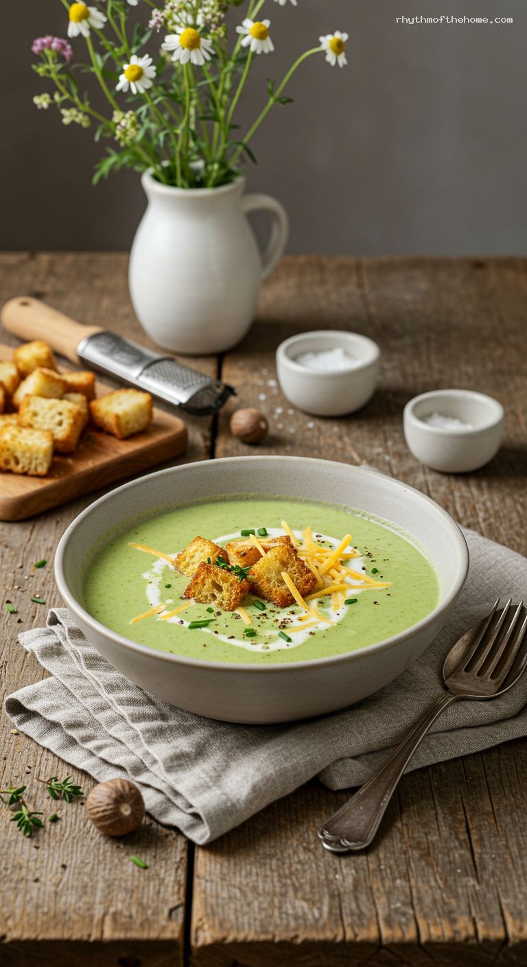 Velvety Broccoli Cheddar Soup with Garlic Croutons