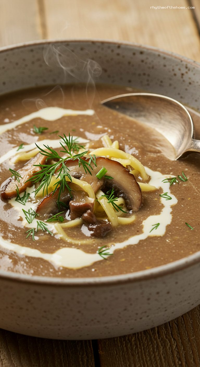Velvety Wild Mushroom Soup with Porcini and Cream – Closeup