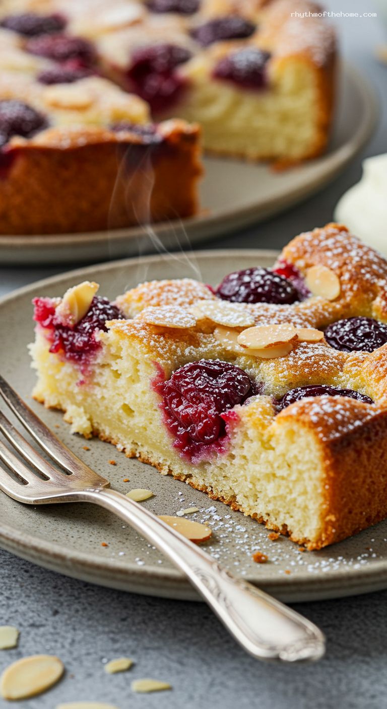 Warm Cherry-Almond Clafoutis Dusting of Sugar – Closeup