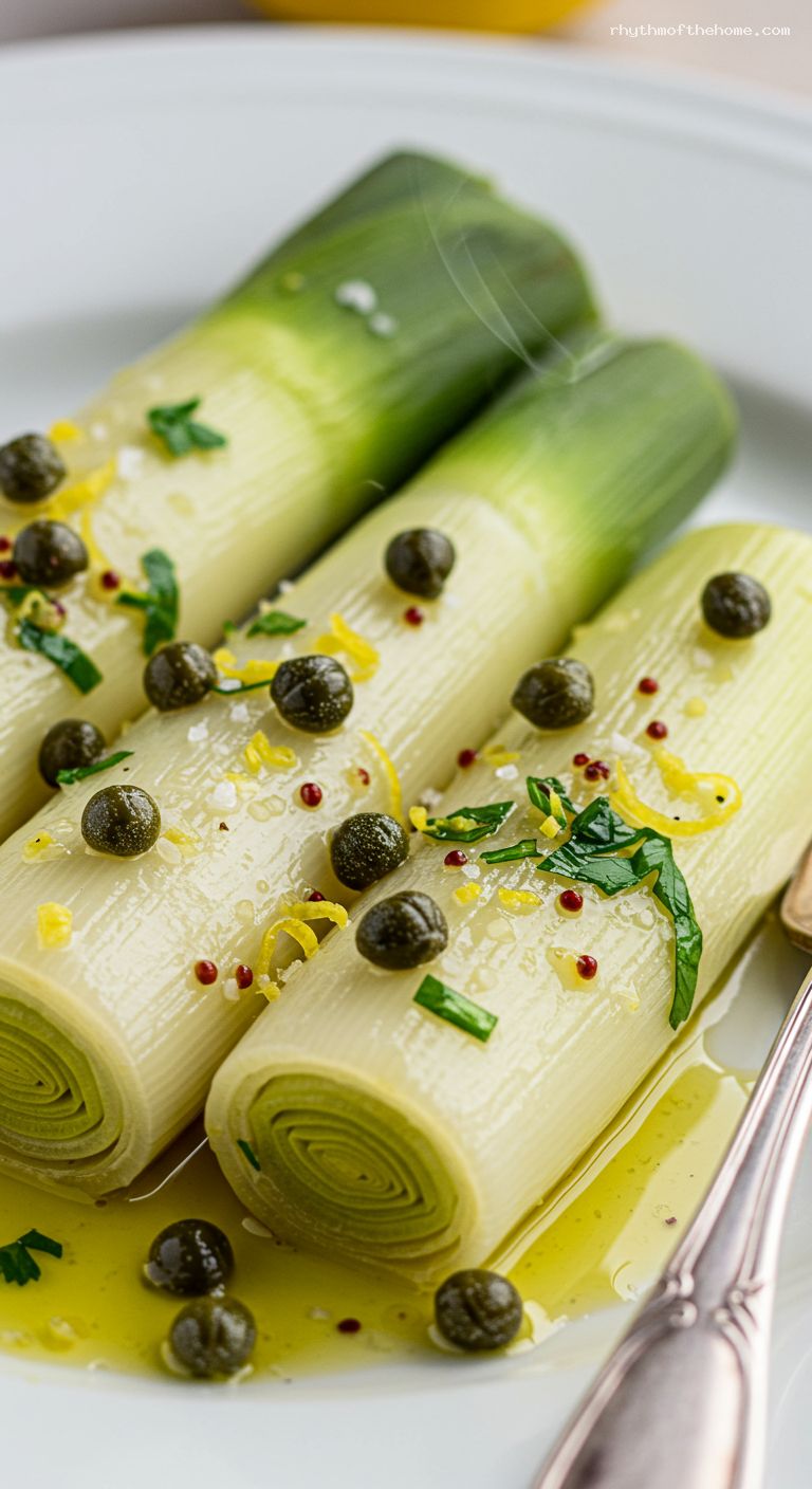 Warm Leeks with Dijon-Shallot Vinaigrette and Capers – Closeup