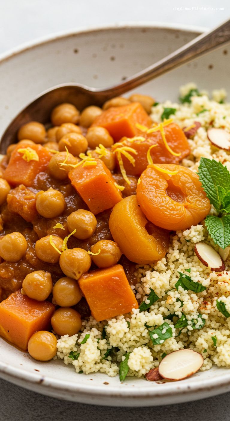 Warm-Spiced Chickpea and Sweet Potato Stew with Couscous – Closeup