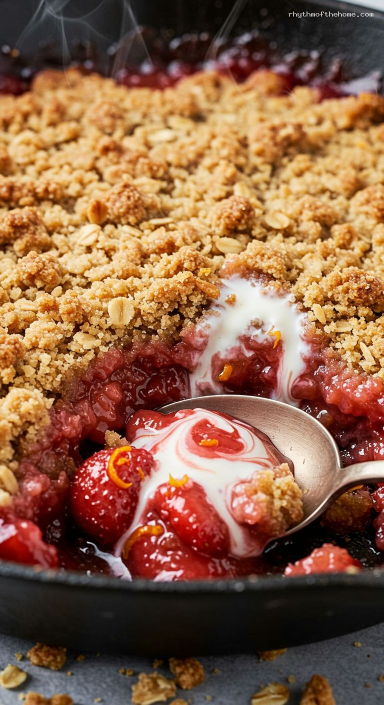 Warm Strawberry-Rhubarb Skillet Crumble with Vanilla – Closeup