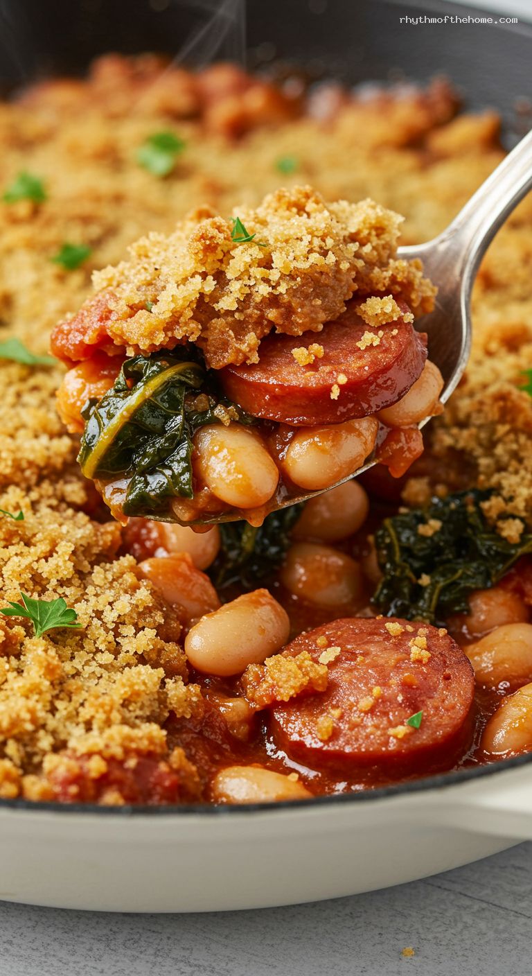 Weeknight Cassoulet-Style Kielbasa and White Bean Bake – Closeup
