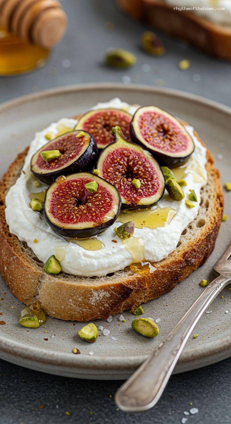 Whipped Ricotta Fig Toast with Honey and Pistachios – Closeup