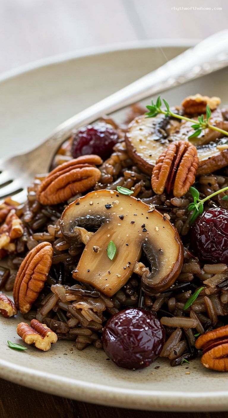 Wild Rice and Mushroom Pilaf with Pecans and Cherries – Closeup