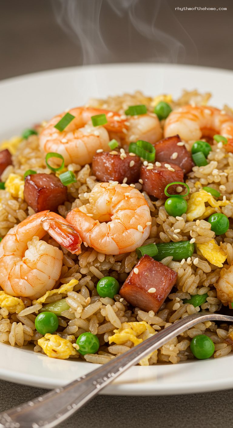 Yangzhou Fried Rice with Shrimp, Egg, and Ham – Closeup