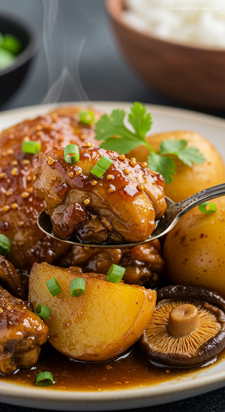 Yellow-Braised Chicken with Potatoes and Mushrooms – Closeup
