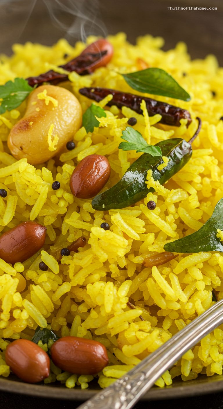 Zesty Lemon Rice (Chitranna) with Peanuts – Closeup