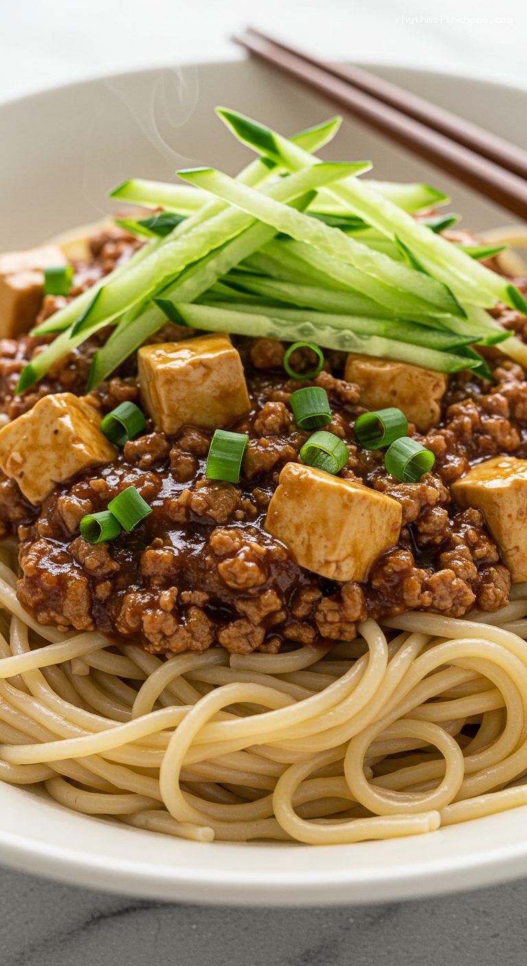 Zha Jiang Mian with Pork and Tofu – Closeup