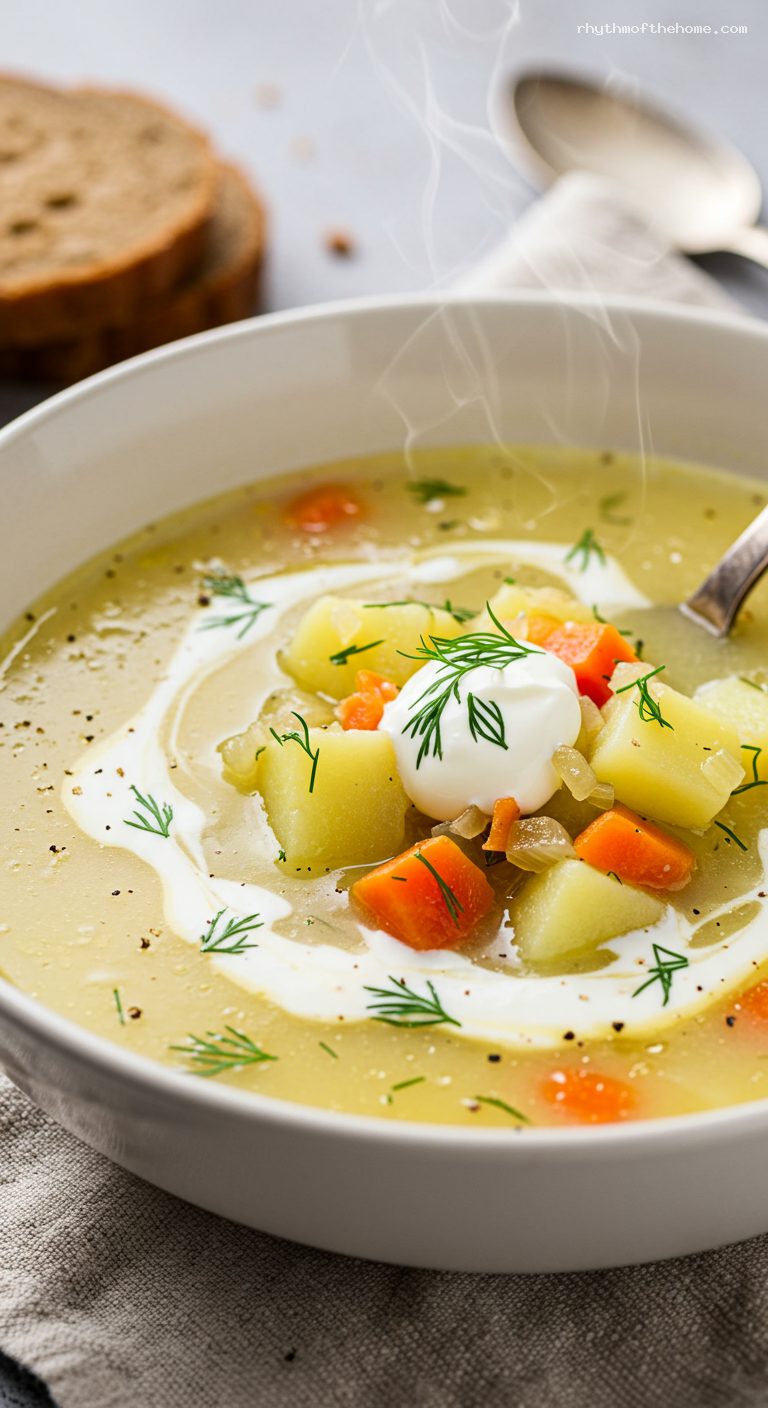 Zupa Ogórkowa: Polish Dill Pickle Soup with Sour Cream – Closeup