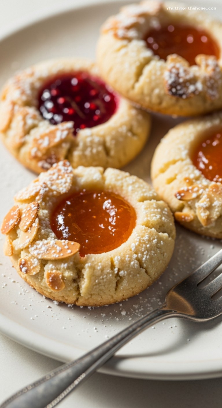 Almond Thumbprint Jam Cookies with Toasted Almonds – Closeup