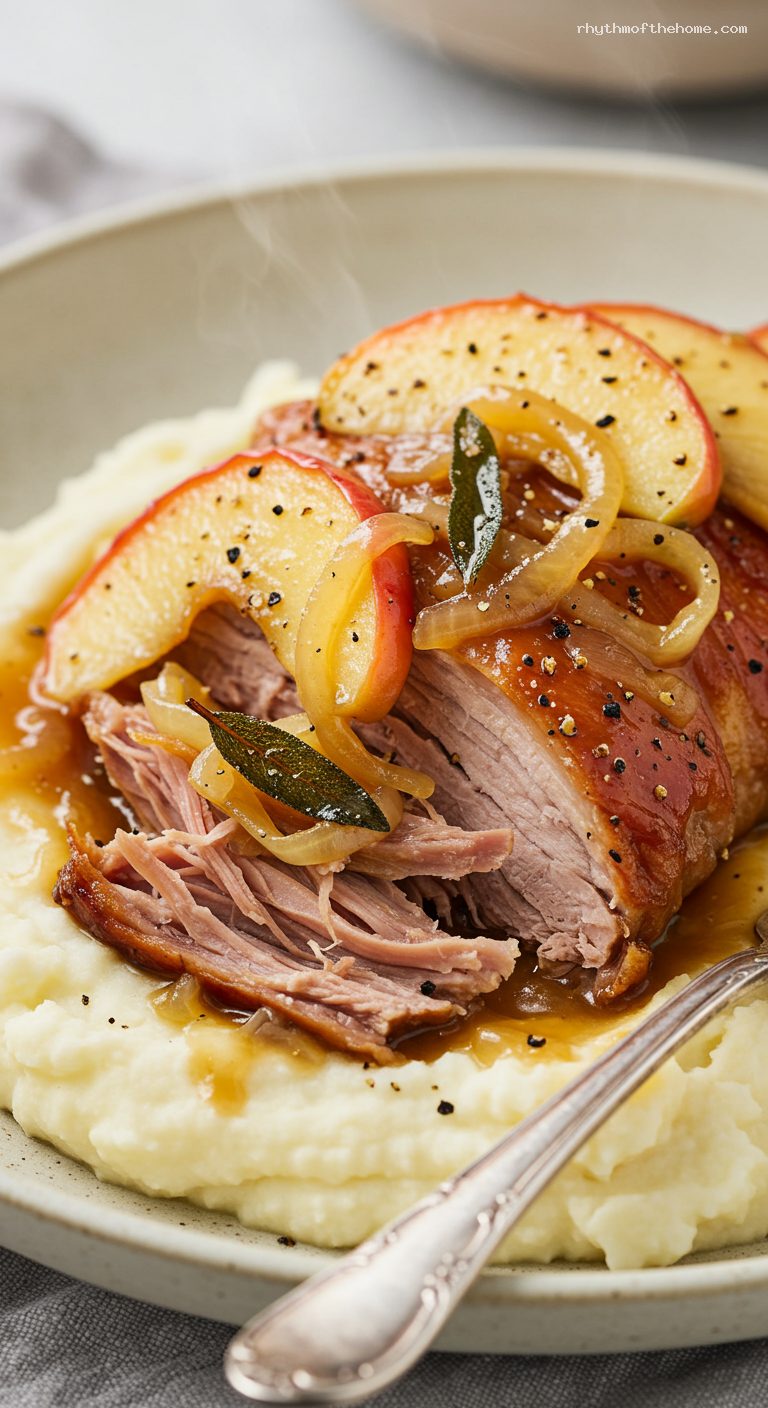 Apple Cider–Braised Pork Shoulder with Sage and Apples – Closeup