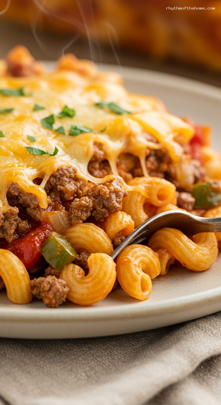 Baked American Chop Suey with Cheddar and Peppers – Closeup