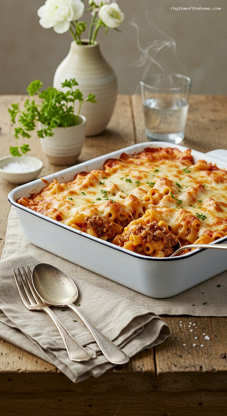 Baked American Chop Suey with Cheddar and Peppers