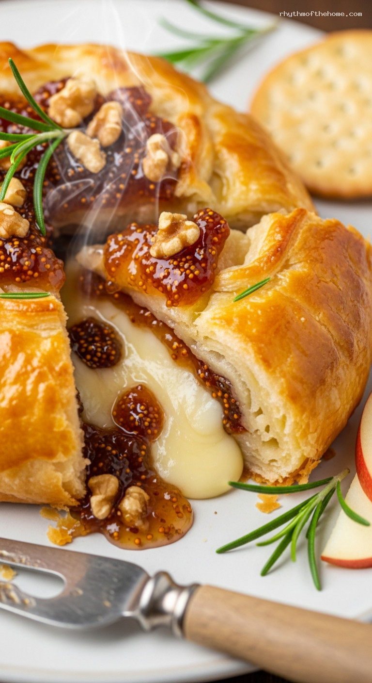 Baked Brie en Croûte with Fig Jam and Walnuts – Closeup