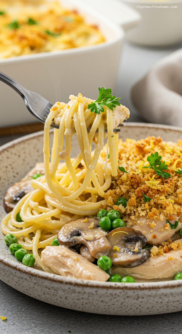 Baked Chicken Tetrazzini with Mushrooms and Peas – Closeup