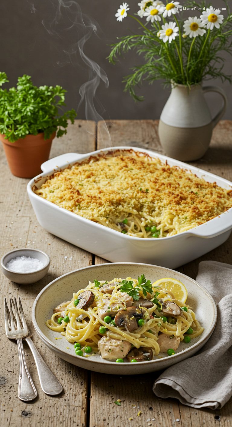 Baked Chicken Tetrazzini with Mushrooms and Peas