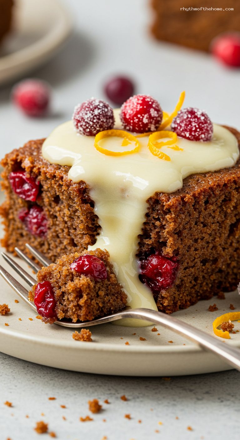 Baked Cranberry Pudding with Vanilla-Brandy Hard Sauce – Closeup