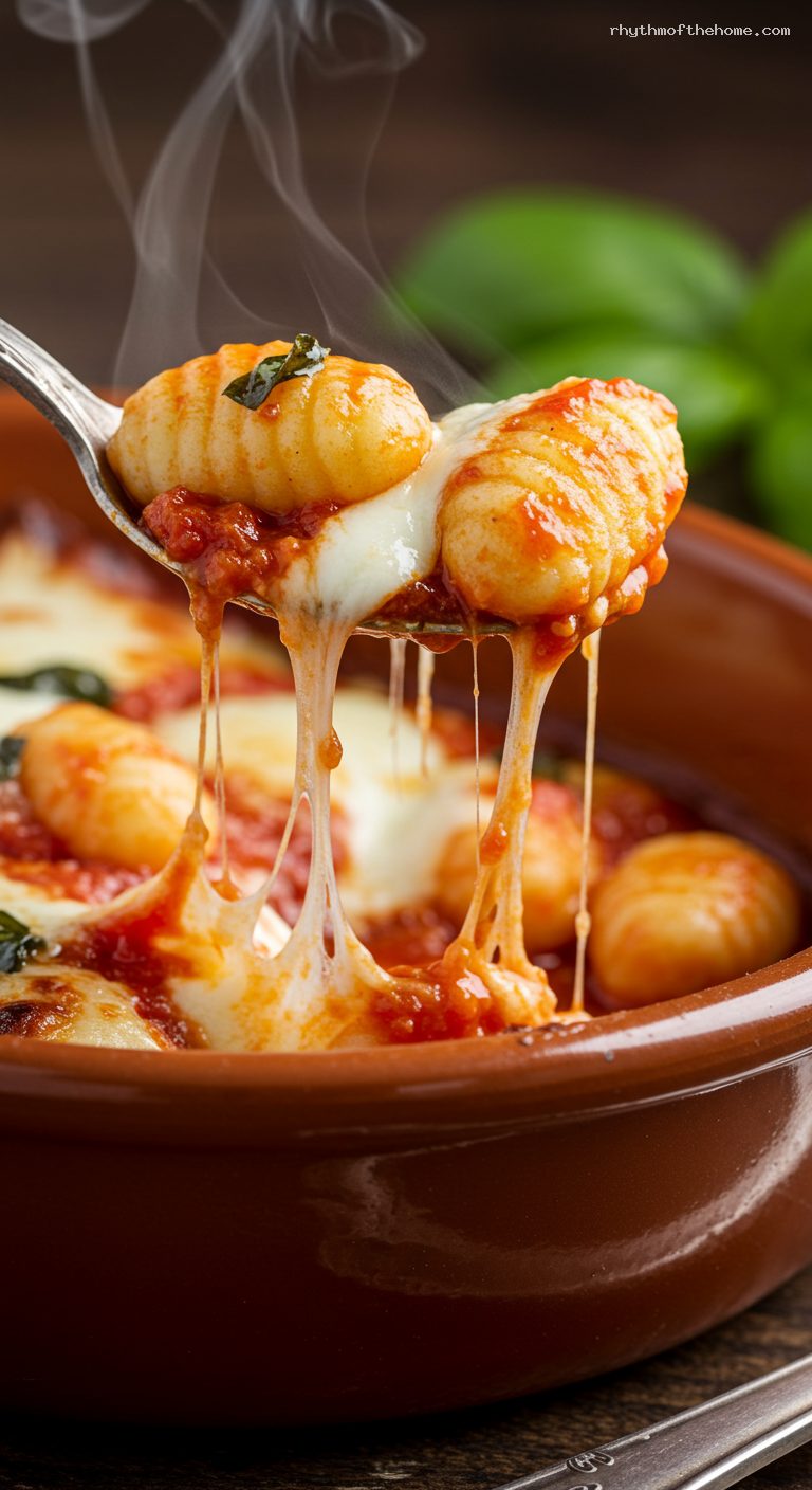 Baked Gnocchi alla Sorrentina with Mozzarella and Basil – Closeup
