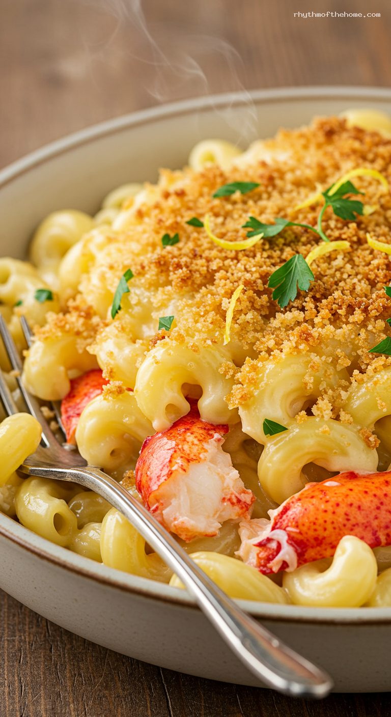 Baked Lobster Mac and Cheese with Buttery Crumbs – Closeup