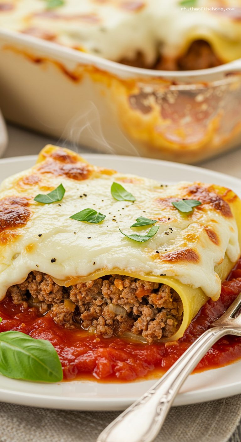 Baked Meat Cannelloni with Tomato and Béchamel – Closeup