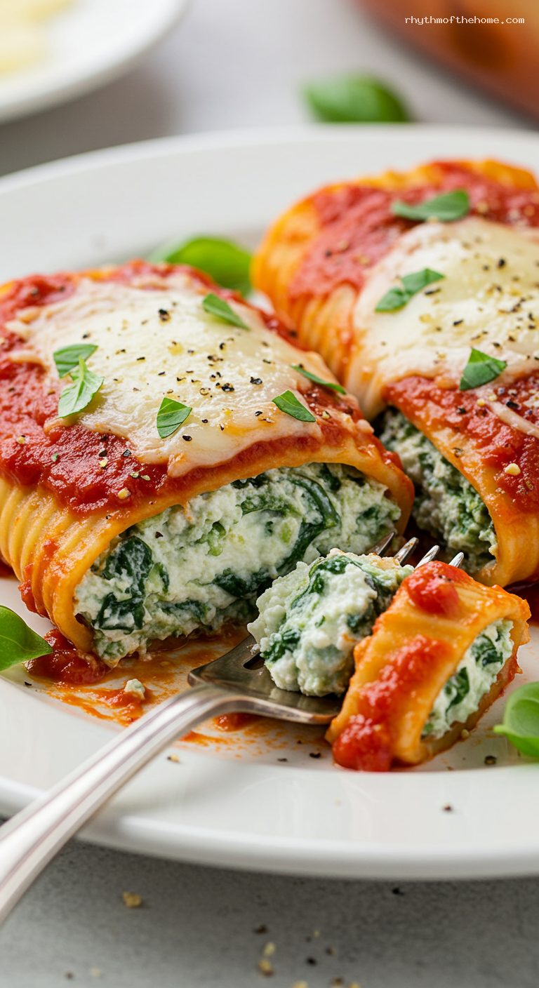 Baked Spinach and Ricotta Manicotti – Closeup