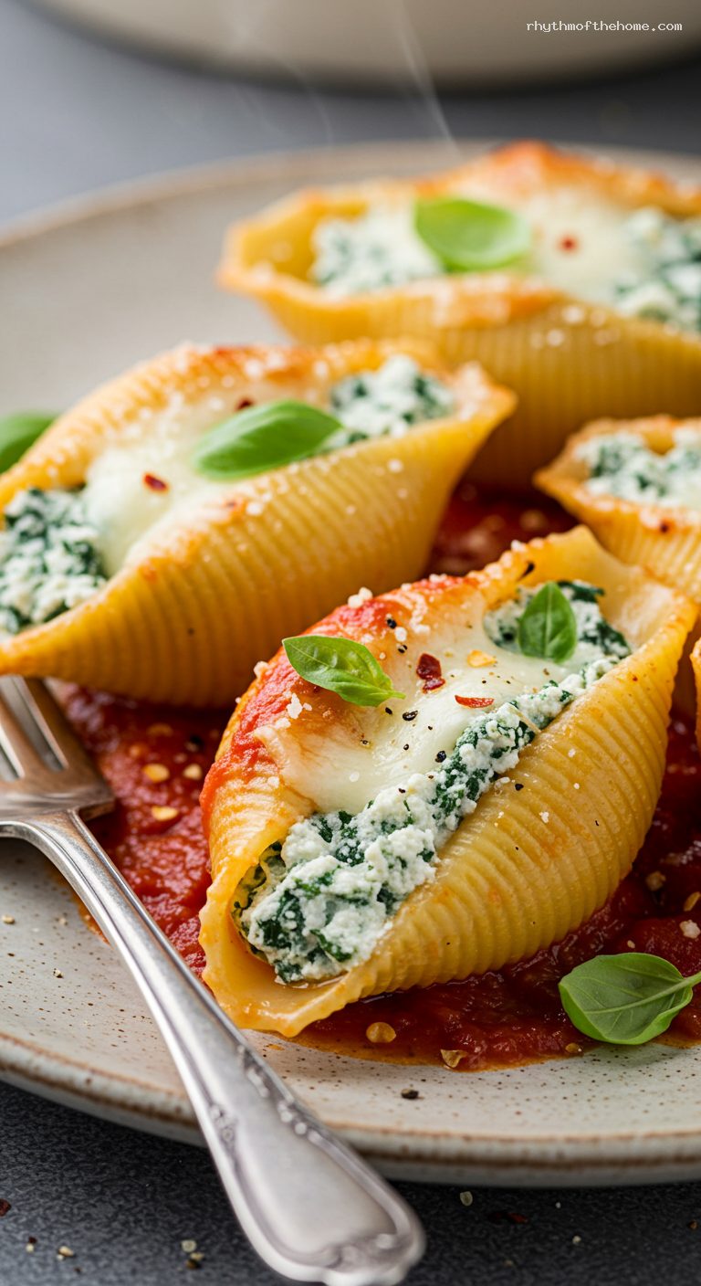 Baked Stuffed Shells with Spinach and Ricotta – Closeup