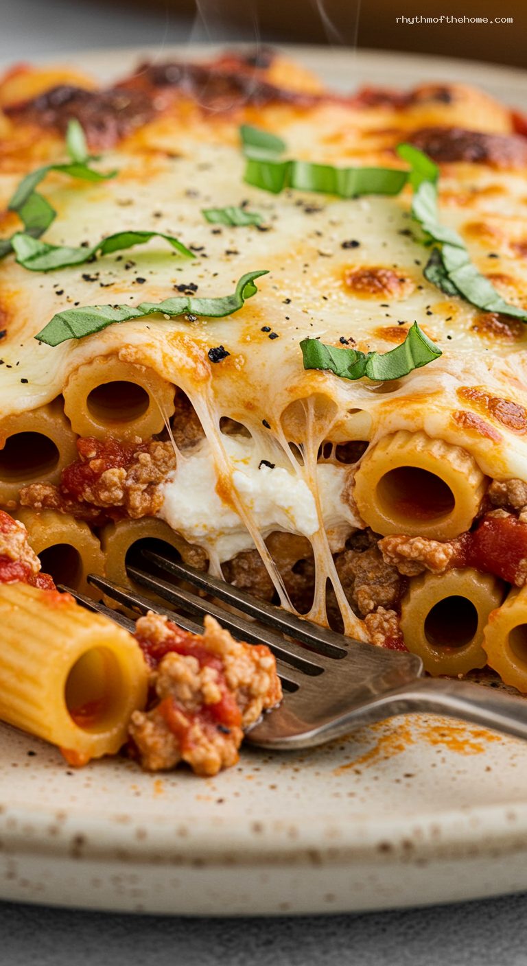 Baked Ziti with Ricotta and Mozzarella – Closeup