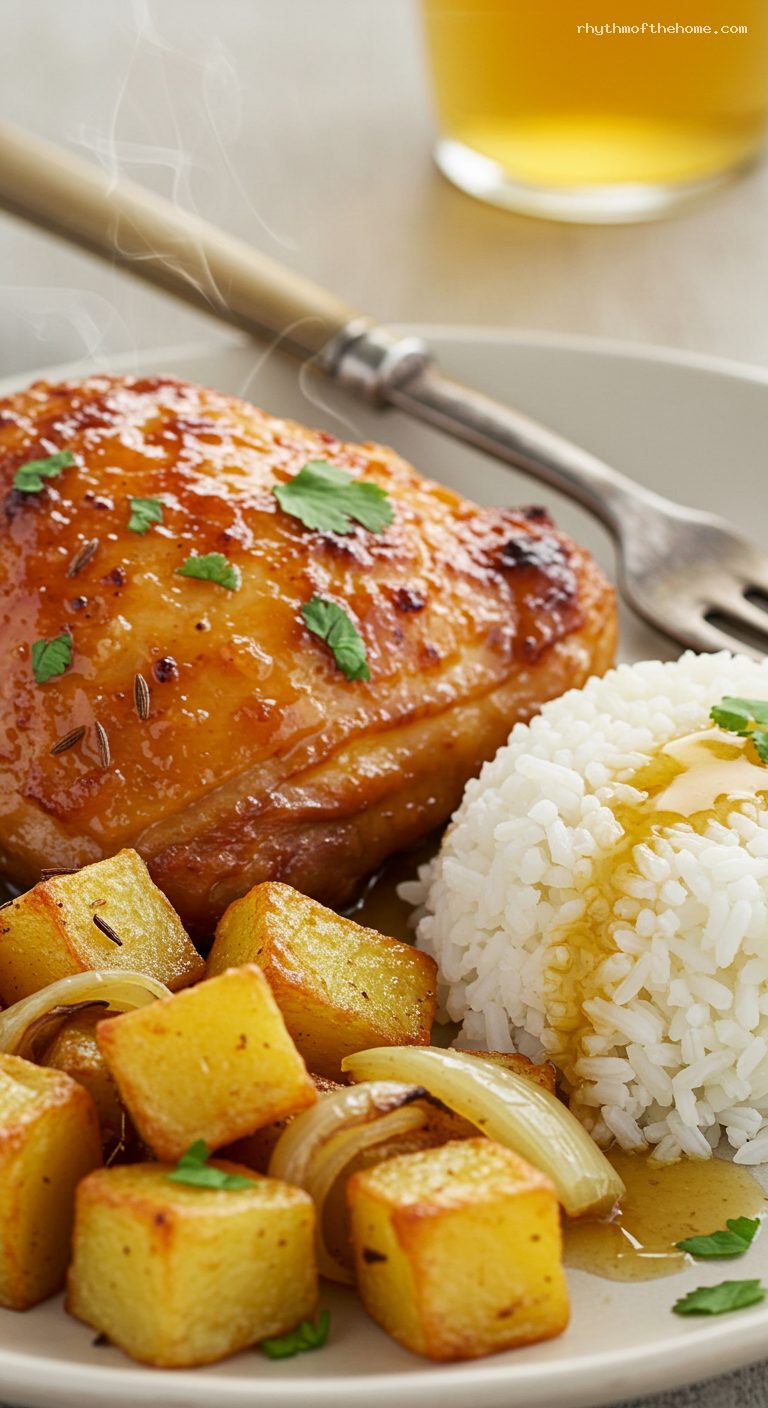 Beer-and-Panela Roasted Chicken with Onions and Potatoes – Closeup