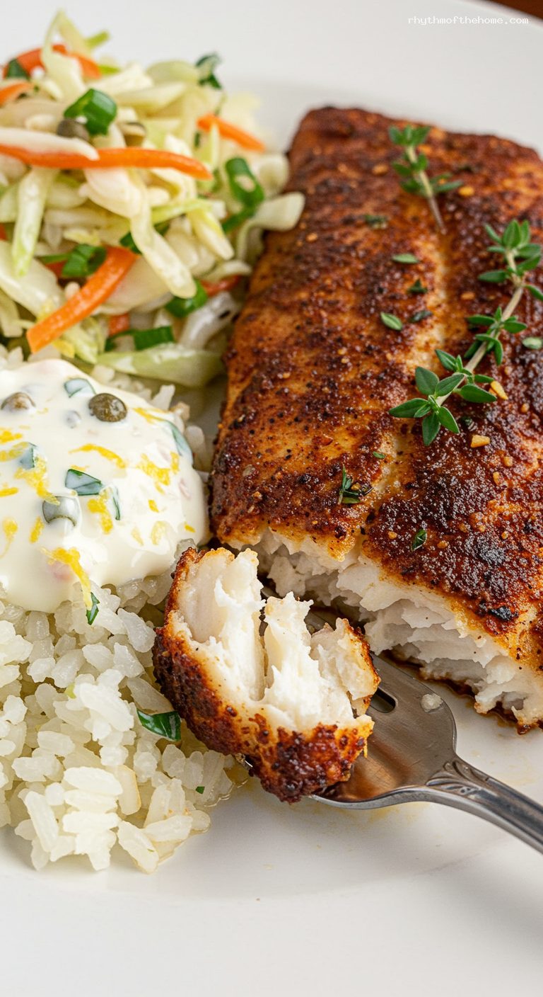 Blackened Catfish with Remoulade, Lemon Rice, and Slaw – Closeup