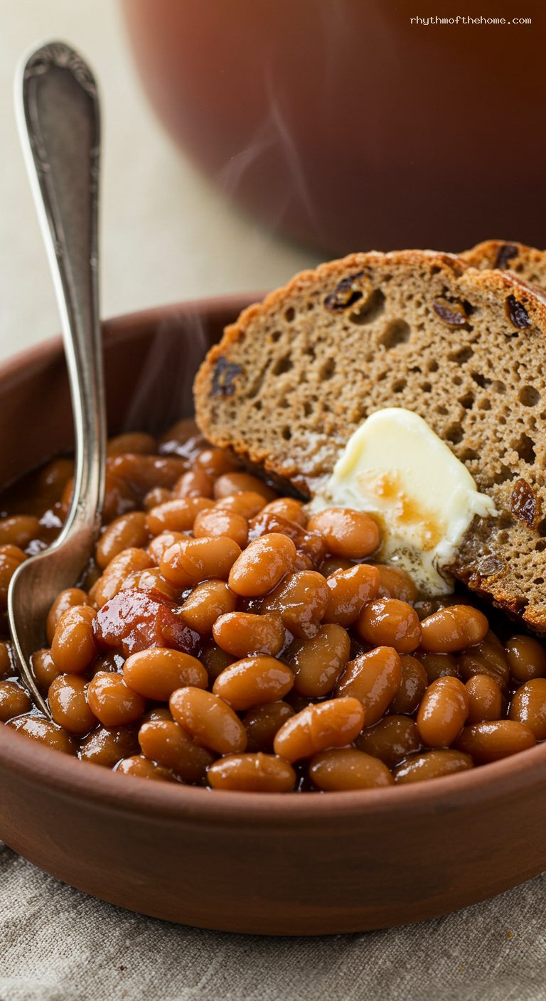 Boston Baked Beans with Steamed Brown Bread – Closeup