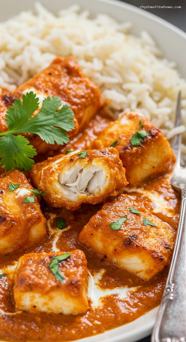 Broiled Fish Tikka Masala with Creamy Tomato Sauce – Closeup