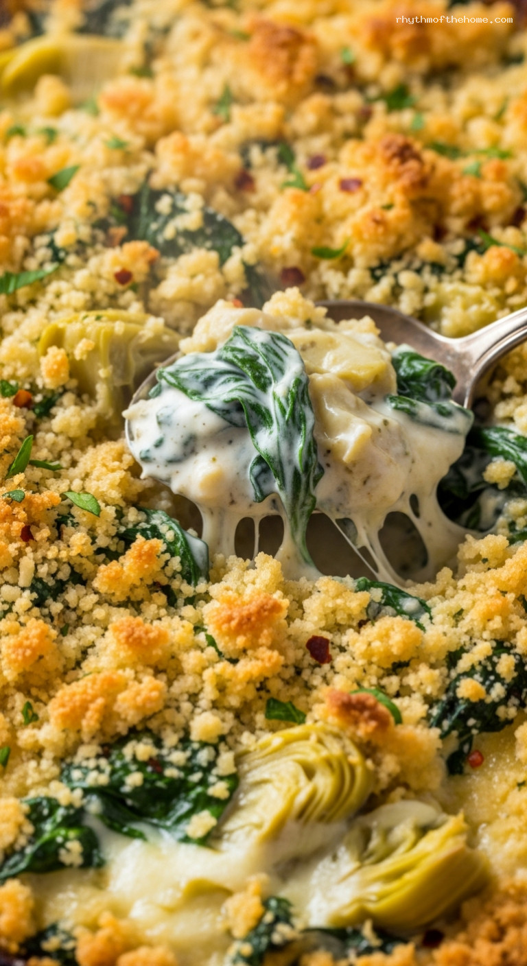 Broiled Spinach-Artichoke Dip with Panko Crunch – Closeup