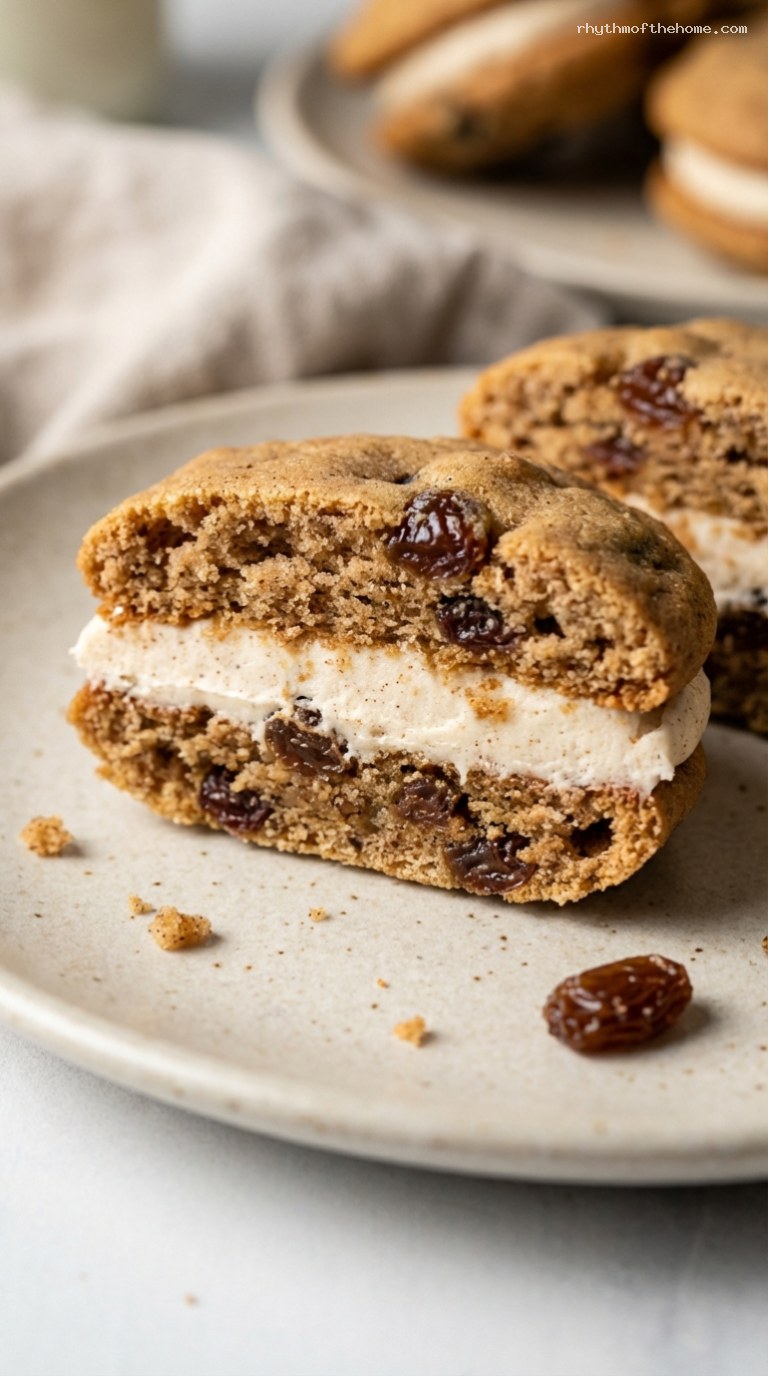 Brown Sugar Cinnamon Raisin Sandwich Cookies with Creamy Filling – Closeup