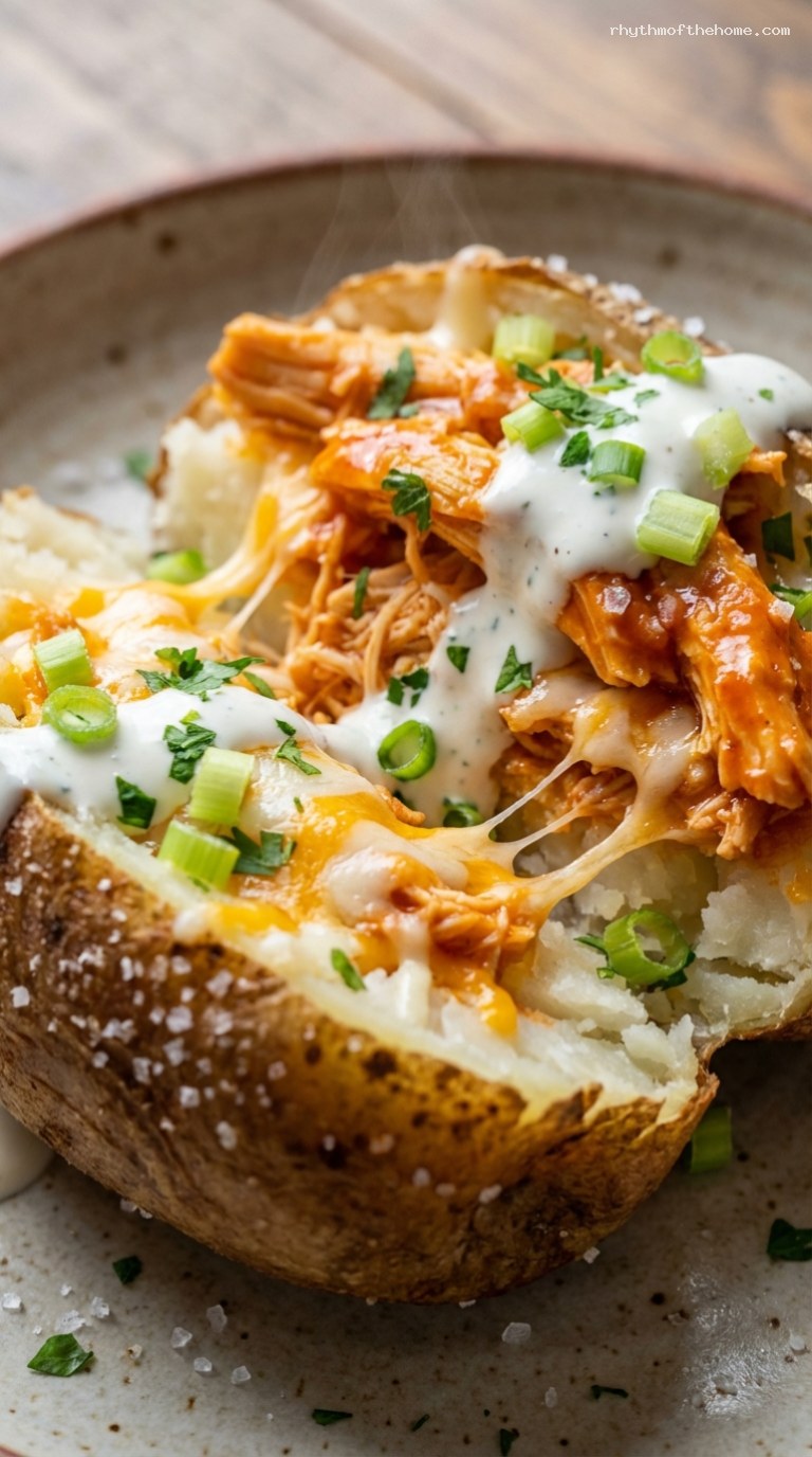 Buffalo Chicken Stuffed Baked Potatoes with Ranch – Closeup