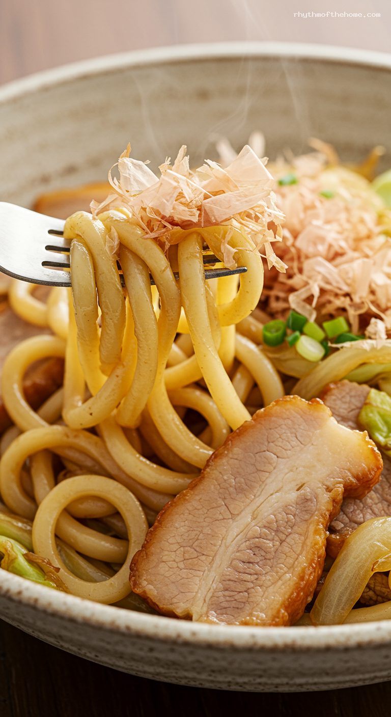 Butter-Finished Yaki Udon with Pork and Cabbage – Closeup