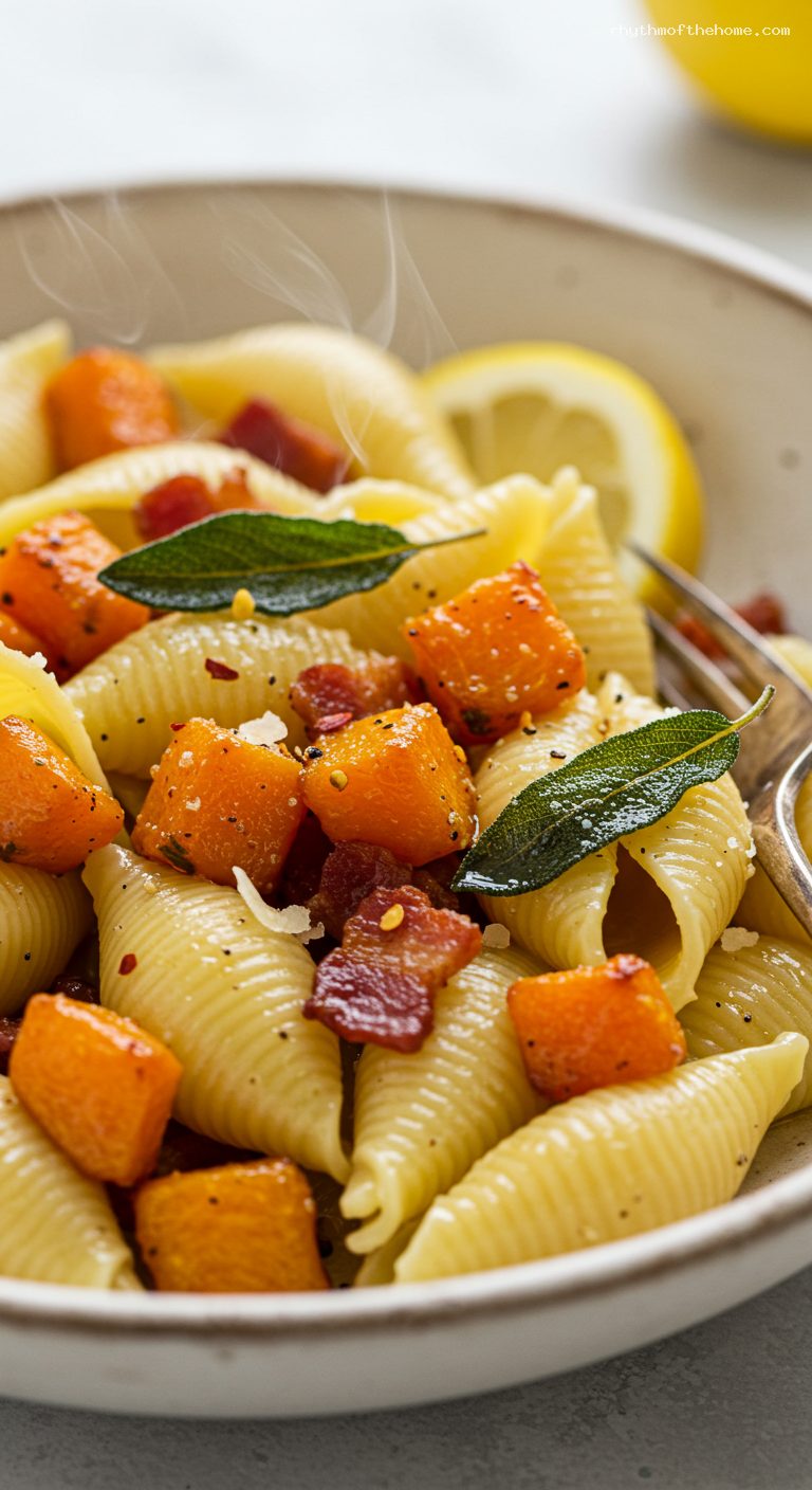 Butternut Squash, Sage, and Pancetta Pasta Shells – Closeup