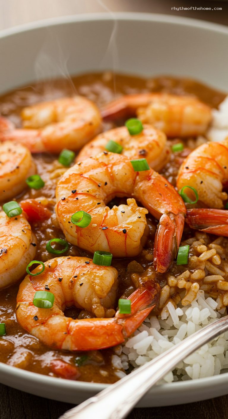 Cajun Shrimp Étouffée Over Rice – Closeup