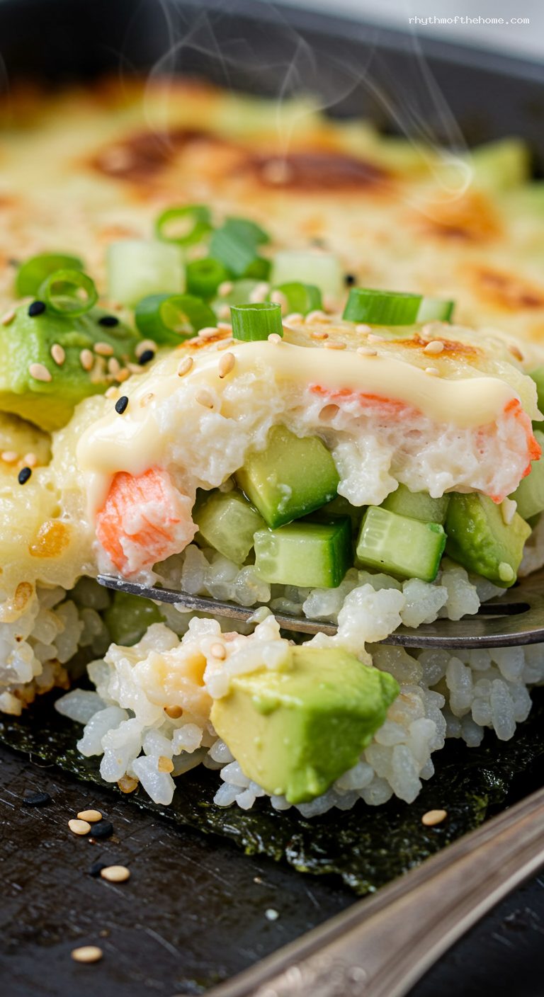 California Roll Sushi Bake with Creamy Crab-Mayo – Closeup