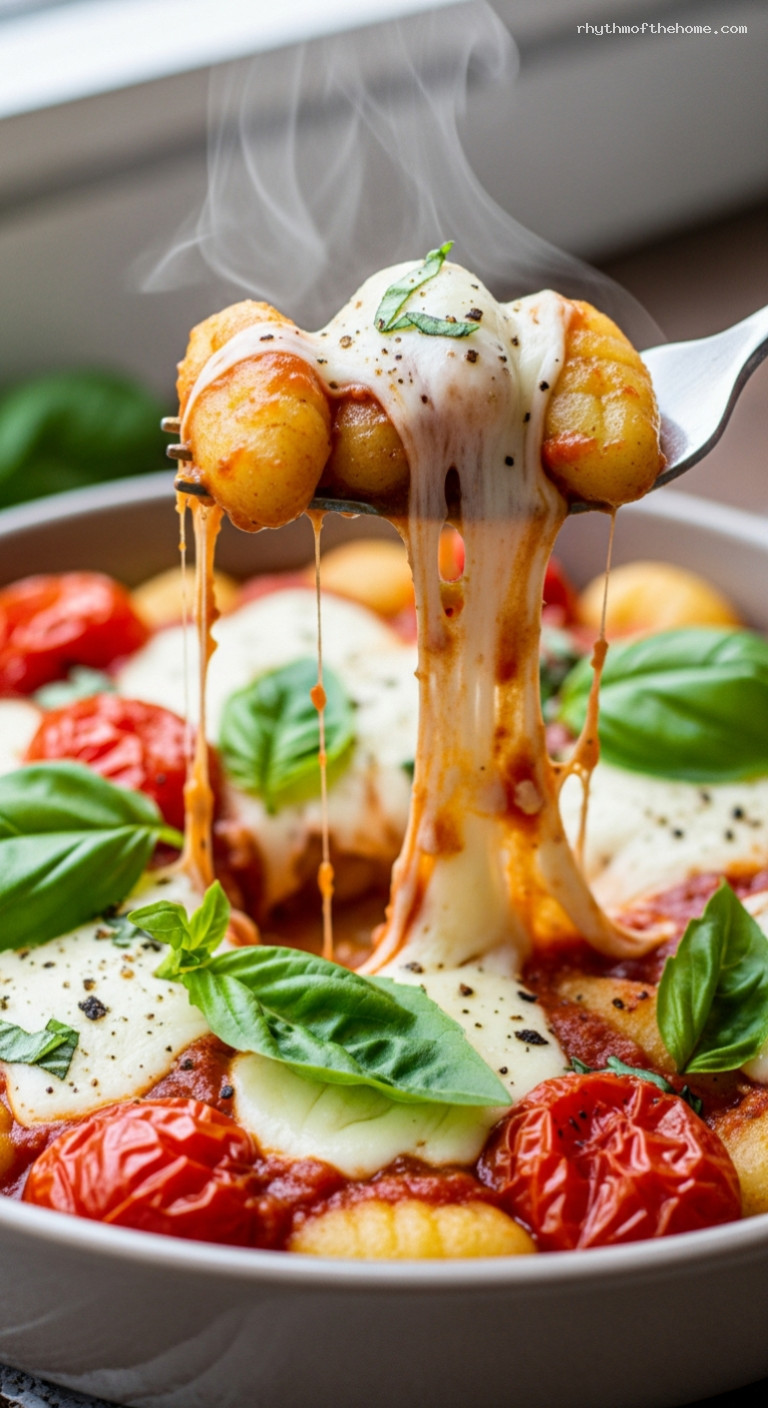Caprese Baked Gnocchi with Cherry Tomatoes and Mozzarella – Closeup