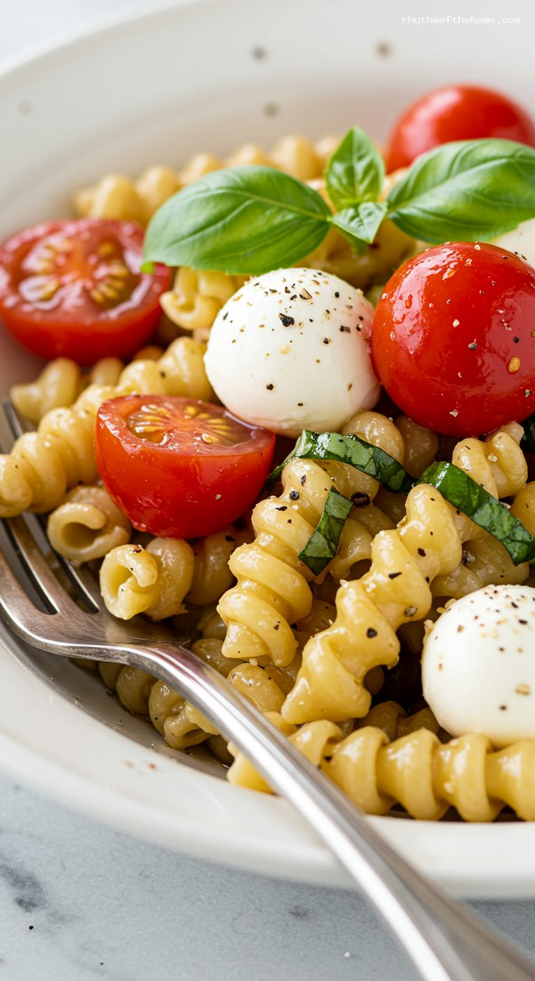 Caprese Pasta Salad with Balsamic-Oregano Vinaigrette – Closeup
