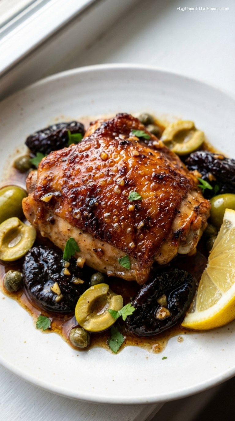 Caramelized Chicken Marbella Bake With Prunes and Olives – Closeup