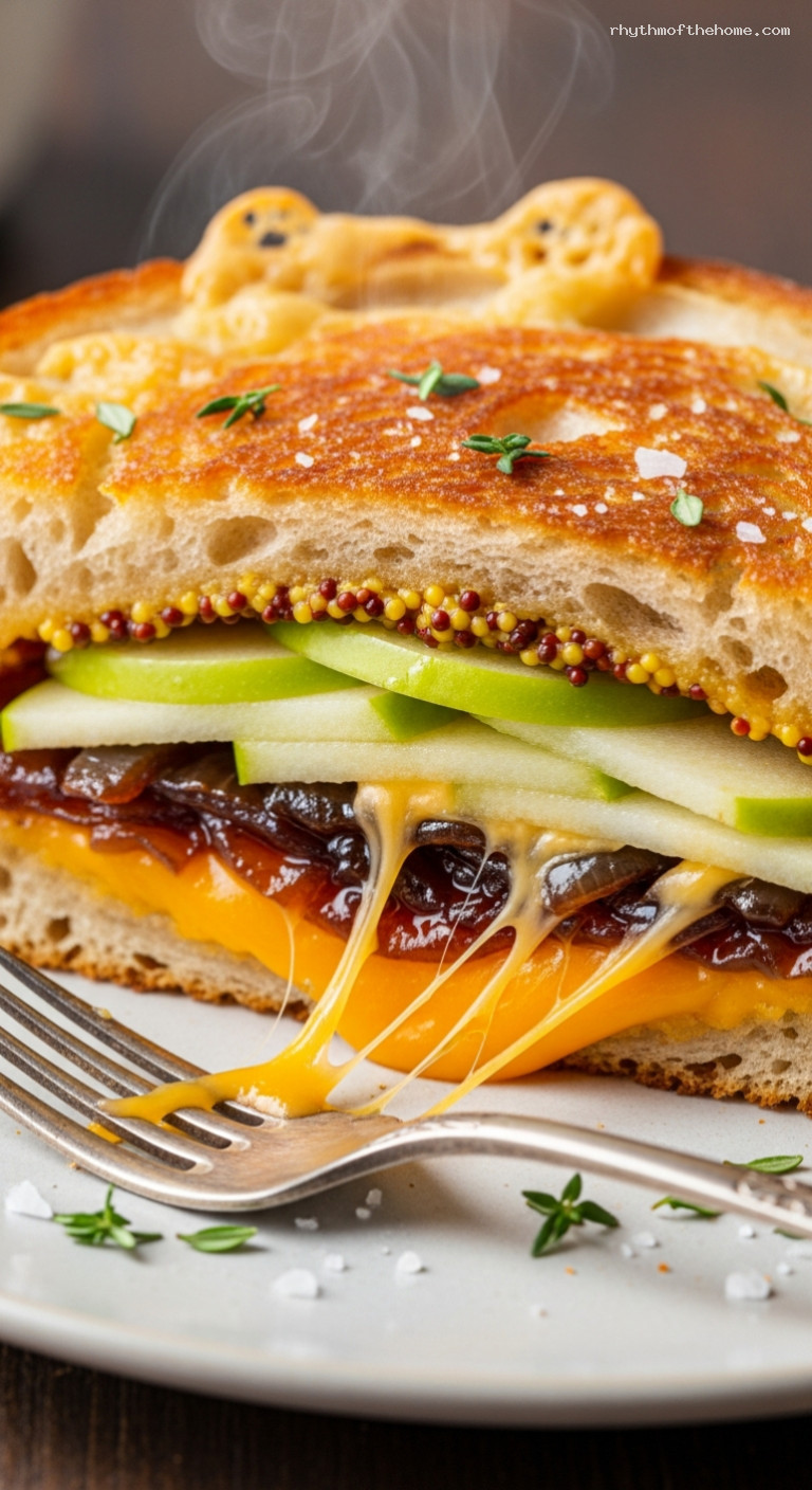 Caramelized Onion and Apple Grilled Cheese with Cheddar – Closeup