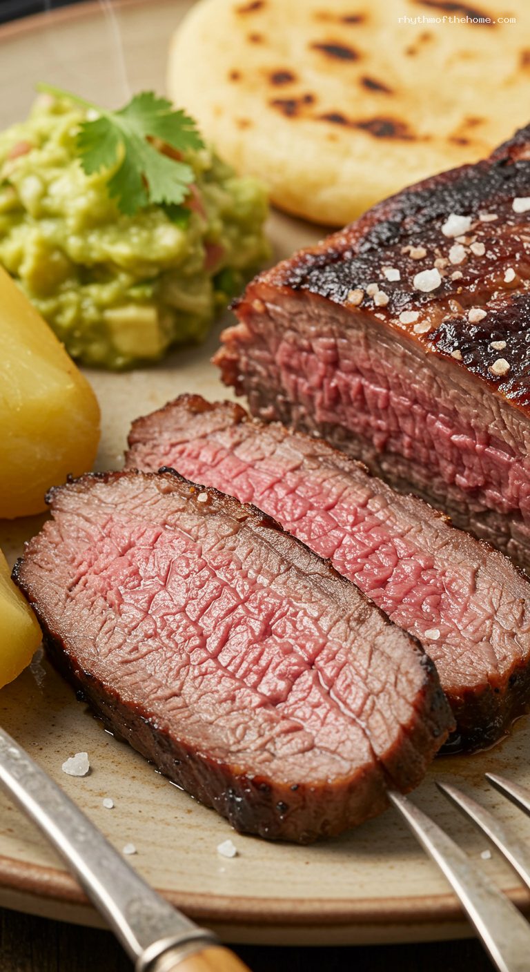 Carne a la Llanera with Yuca, Guacamole, and Arepas – Closeup