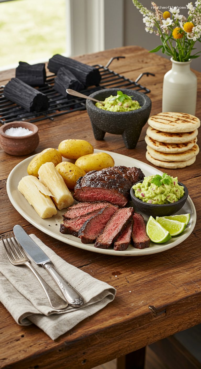 Carne a la Llanera with Yuca, Guacamole, and Arepas