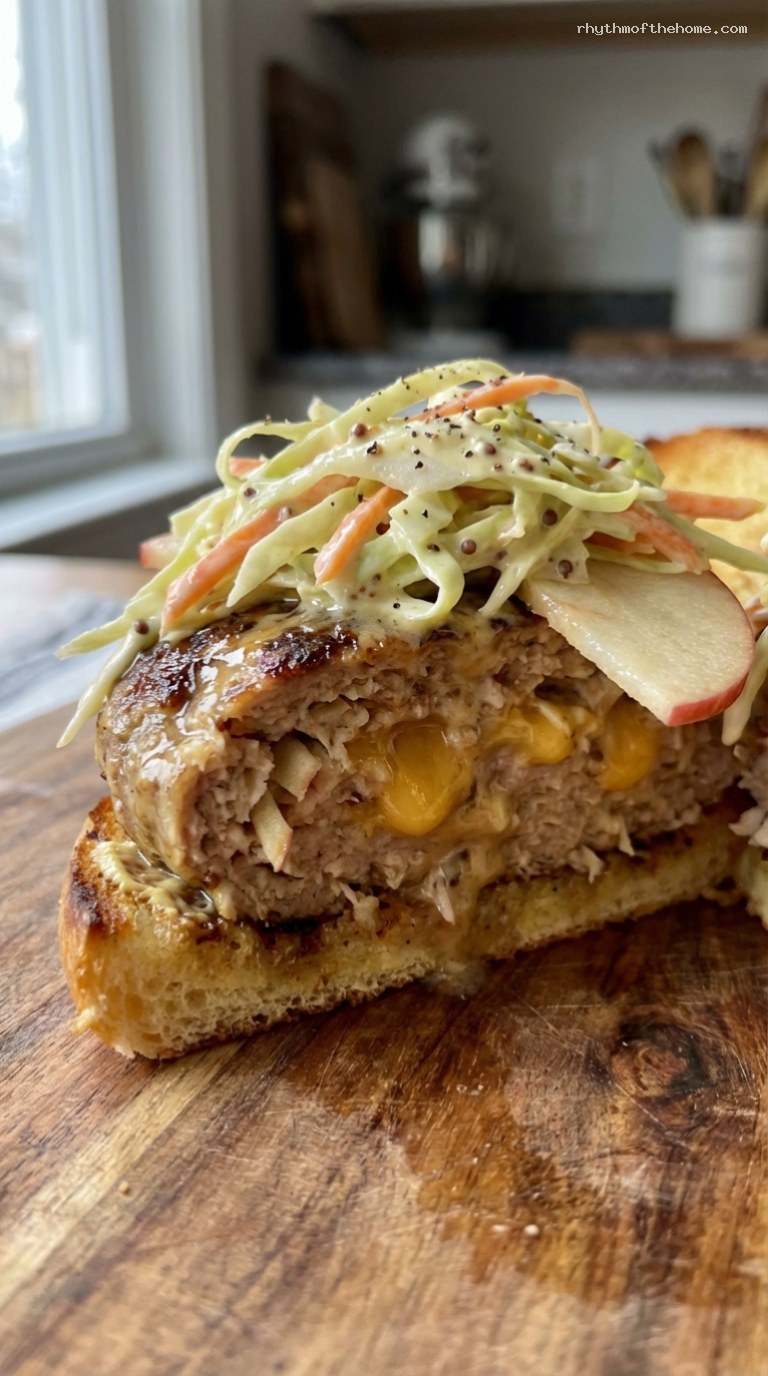 Cheddar Apple Turkey Burgers with Tangy Mustard Slaw – Closeup