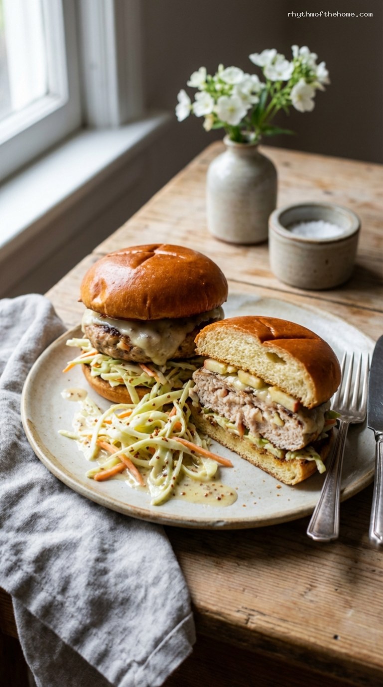 Cheddar Apple Turkey Burgers with Tangy Mustard Slaw
