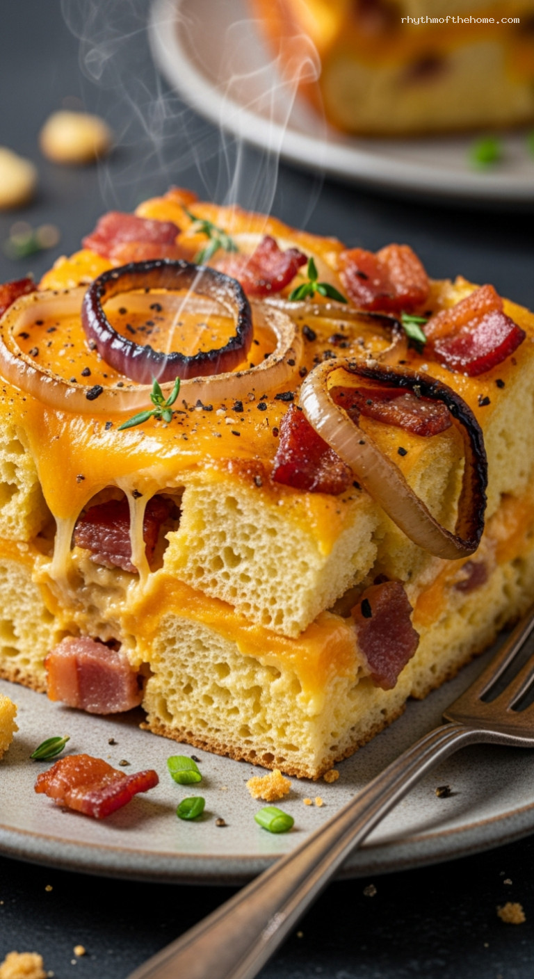Cheddar Bacon Breakfast Strata with Caramelized Onions – Closeup