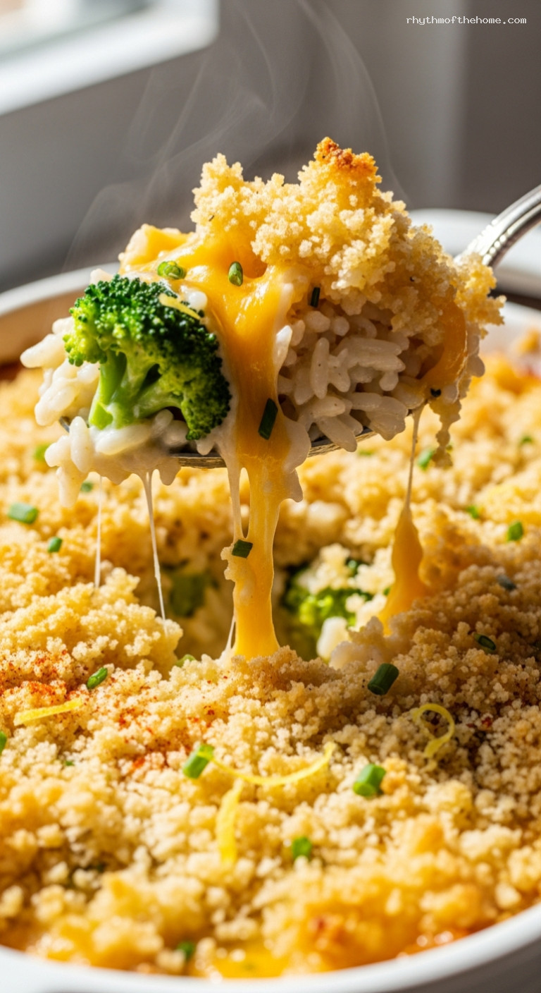 Cheddar Broccoli Baked Rice with Crispy Breadcrumbs – Closeup